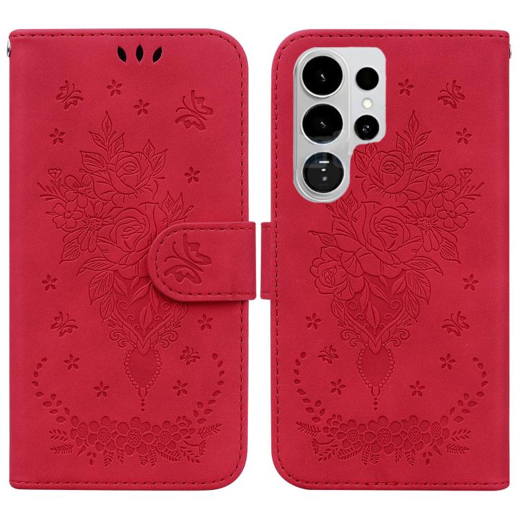 Custodia per telefono in pelle goffrata con farfalla e rosa, For Samsung Galaxy S26+ 5G, For Samsung Galaxy S26 Edge 5G, For Samsung Galaxy S26 Ultra 5G, For Samsung Galaxy S26 5G