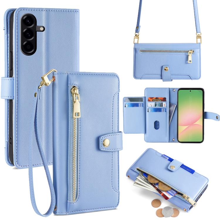 Portafoglio con cerniera a tracolla in pelle con texture di pecora, custodia per telefono, For Samsung Galaxy A56 5G, For Samsung Galaxy A36 5G, For Samsung Galaxy A06, For Samsung Galaxy Xcover 7 Pro 5G