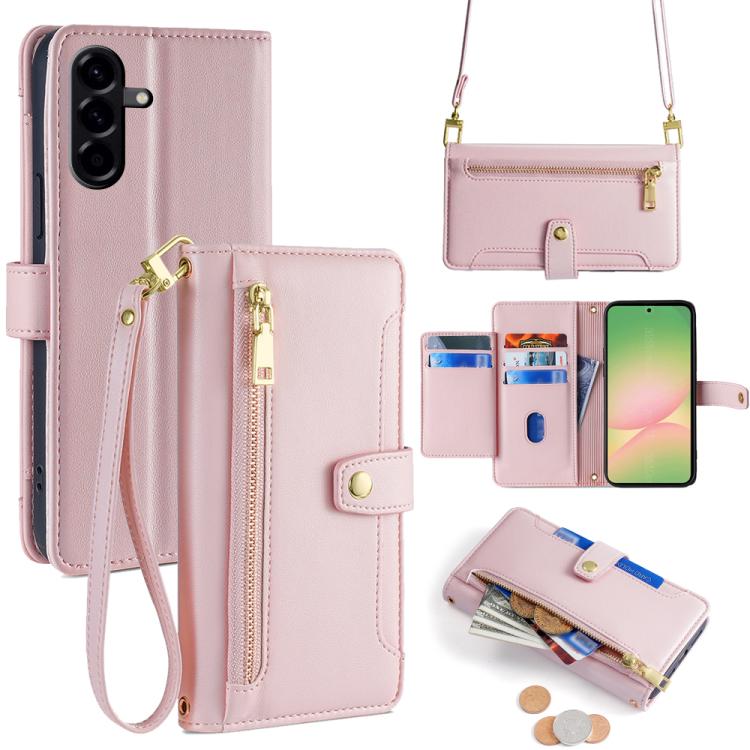 Portafoglio con cerniera a tracolla in pelle con texture di pecora, custodia per telefono, For Samsung Galaxy A56 5G, For Samsung Galaxy A36 5G, For Samsung Galaxy A06, For Samsung Galaxy Xcover 7 Pro 5G