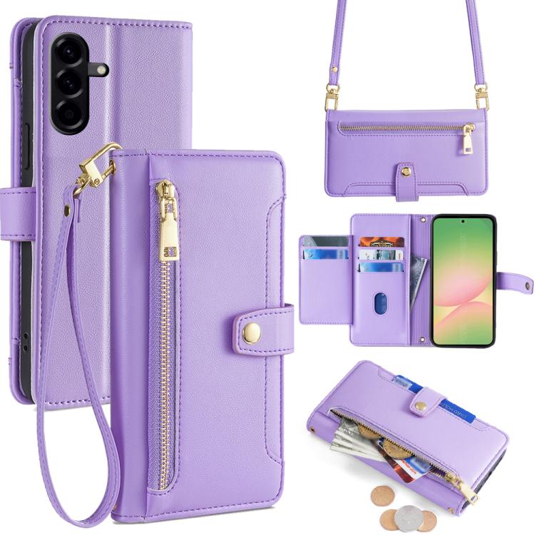 Portafoglio con cerniera a tracolla in pelle con texture di pecora, custodia per telefono, For Samsung Galaxy A56 5G, For Samsung Galaxy A36 5G, For Samsung Galaxy A06, For Samsung Galaxy Xcover 7 Pro 5G
