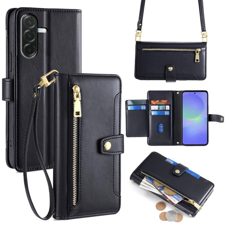 Portafoglio con cerniera a tracolla in pelle con texture di pecora, custodia per telefono, For Samsung Galaxy A56 5G, For Samsung Galaxy A36 5G, For Samsung Galaxy A06, For Samsung Galaxy Xcover 7 Pro 5G
