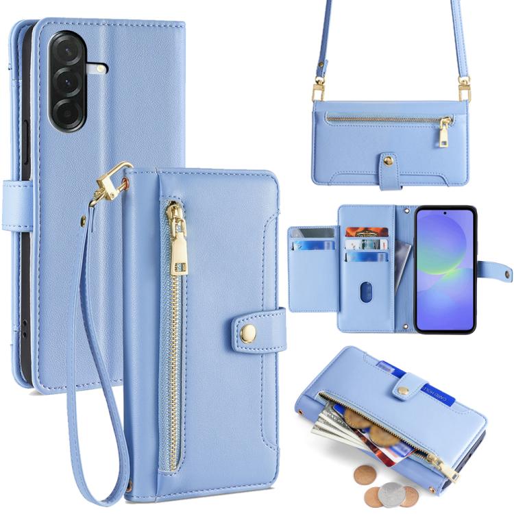Portafoglio con cerniera a tracolla in pelle con texture di pecora, custodia per telefono, For Samsung Galaxy A56 5G, For Samsung Galaxy A36 5G, For Samsung Galaxy A06, For Samsung Galaxy Xcover 7 Pro 5G