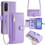 Portafoglio con cerniera a tracolla in pelle con texture di pecora, custodia per telefono, For Samsung Galaxy A56 5G, For Samsung Galaxy A36 5G, For Samsung Galaxy A06, For Samsung Galaxy Xcover 7 Pro 5G