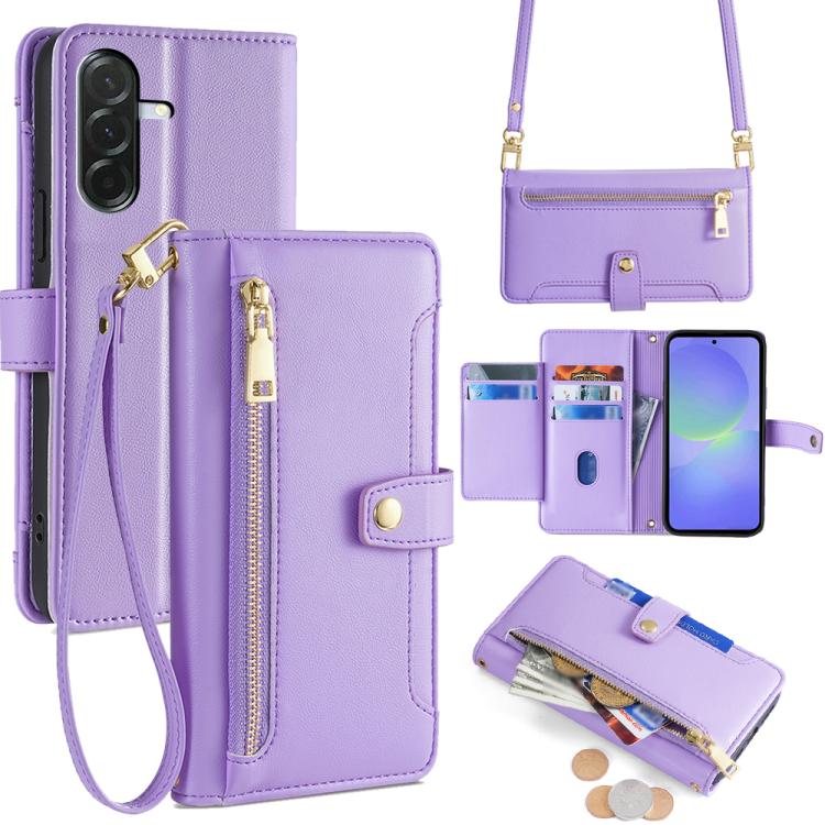 Portafoglio con cerniera a tracolla in pelle con texture di pecora, custodia per telefono, For Samsung Galaxy A56 5G, For Samsung Galaxy A36 5G, For Samsung Galaxy A06, For Samsung Galaxy Xcover 7 Pro 5G