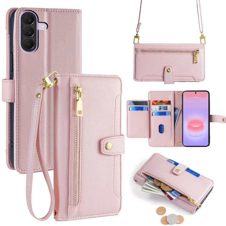 Portafoglio con cerniera a tracolla in pelle con texture di pecora, custodia per telefono, For Galaxy A57 5G, For Galaxy A37 5G, For Samsung Galaxy A17 5G, For Samsung Galaxy F06 5G