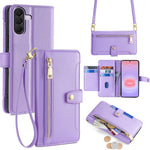 Portafoglio con cerniera a tracolla in pelle con texture di pecora, custodia per telefono, For Galaxy A57 5G, For Galaxy A37 5G, For Samsung Galaxy A17 5G, For Samsung Galaxy F06 5G