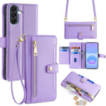 Portafoglio con cerniera a tracolla in pelle con texture di pecora, custodia per telefono, For Galaxy A57 5G, For Galaxy A37 5G, For Samsung Galaxy A17 5G, For Samsung Galaxy F06 5G