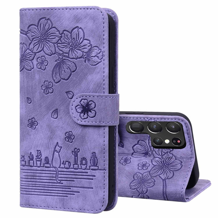 Custodia per telefono in pelle goffrata con gatto Sakura dei cartoni animati, For Samsung Galaxy S25 Ultra 5G, For Samsung Galaxy S24 FE 5G, For Samsung Galaxy S24 Ultra 5G, For Samsung Galaxy S24+ 5G