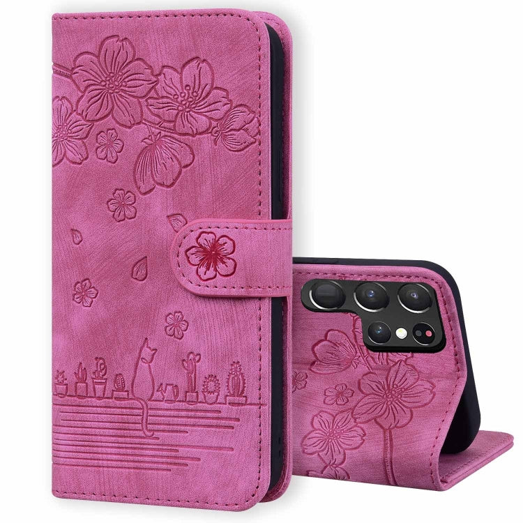 Custodia per telefono in pelle goffrata con gatto Sakura dei cartoni animati, For Samsung Galaxy S24 5G, For Samsung Galaxy S23 FE 5G, For Samsung Galaxy S23 Ultra 5G, For Samsung Galaxy S23+ 5G