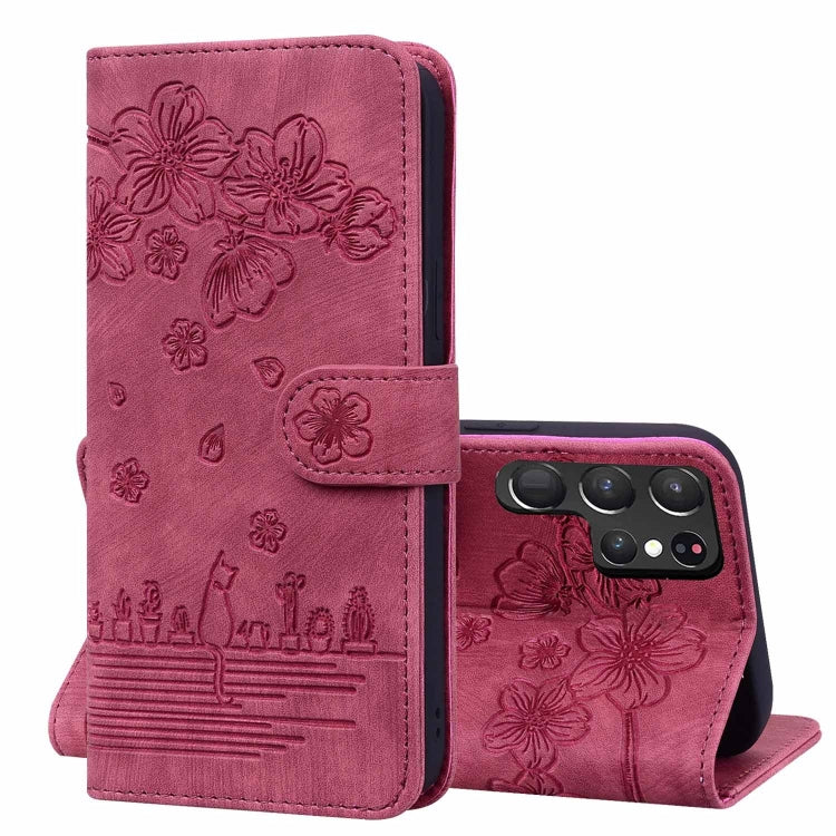 Custodia per telefono in pelle goffrata con gatto Sakura dei cartoni animati, For Samsung Galaxy S24 5G, For Samsung Galaxy S23 FE 5G, For Samsung Galaxy S23 Ultra 5G, For Samsung Galaxy S23+ 5G
