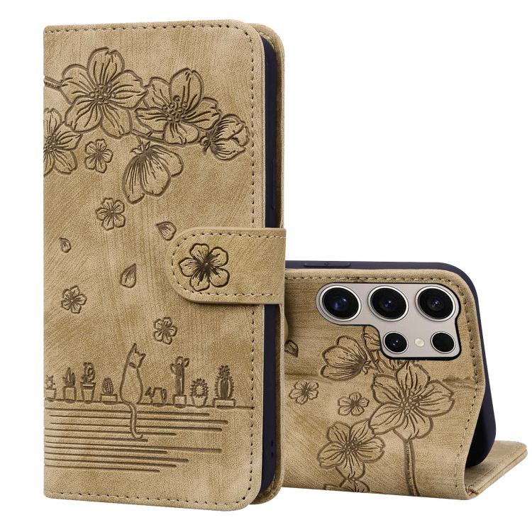 Custodia per telefono in pelle goffrata con gatto Sakura dei cartoni animati, For Samsung Galaxy S25 Ultra 5G, For Samsung Galaxy S24 FE 5G, For Samsung Galaxy S24 Ultra 5G, For Samsung Galaxy S24+ 5G