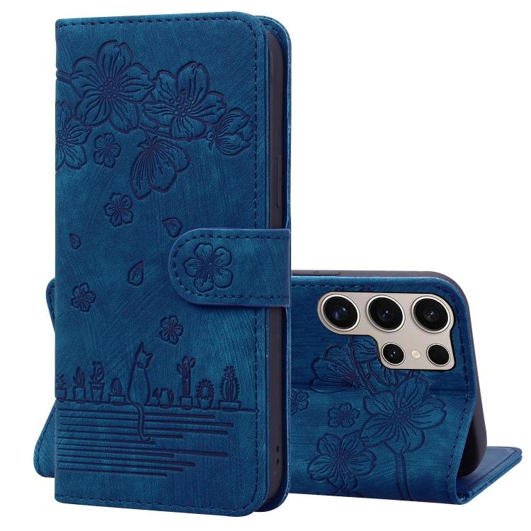 Custodia per telefono in pelle goffrata con gatto Sakura dei cartoni animati, For Samsung Galaxy S25 Ultra 5G, For Samsung Galaxy S24 FE 5G, For Samsung Galaxy S24 Ultra 5G, For Samsung Galaxy S24+ 5G