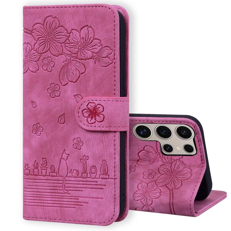 Custodia per telefono in pelle goffrata con gatto Sakura dei cartoni animati, For Samsung Galaxy S25 Ultra 5G, For Samsung Galaxy S24 FE 5G, For Samsung Galaxy S24 Ultra 5G, For Samsung Galaxy S24+ 5G
