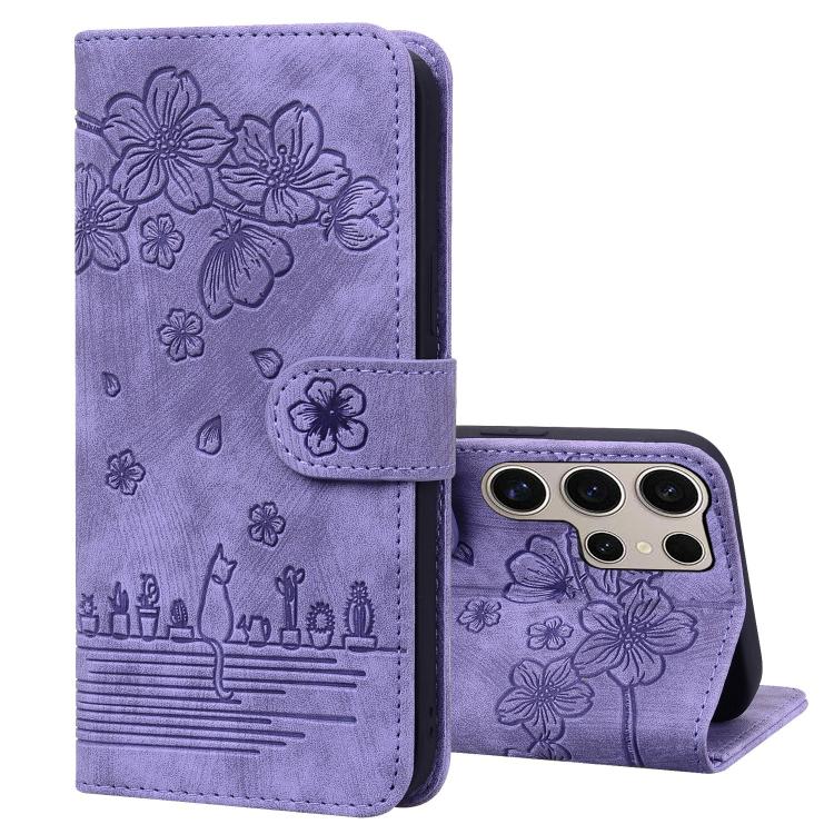 Custodia per telefono in pelle goffrata con gatto Sakura dei cartoni animati, For Samsung Galaxy S25 Ultra 5G, For Samsung Galaxy S24 FE 5G, For Samsung Galaxy S24 Ultra 5G, For Samsung Galaxy S24+ 5G