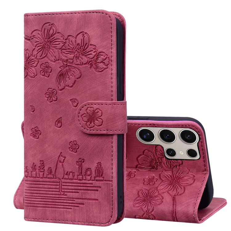 Custodia per telefono in pelle goffrata con gatto Sakura dei cartoni animati, For Samsung Galaxy S25 Ultra 5G, For Samsung Galaxy S24 FE 5G, For Samsung Galaxy S24 Ultra 5G, For Samsung Galaxy S24+ 5G