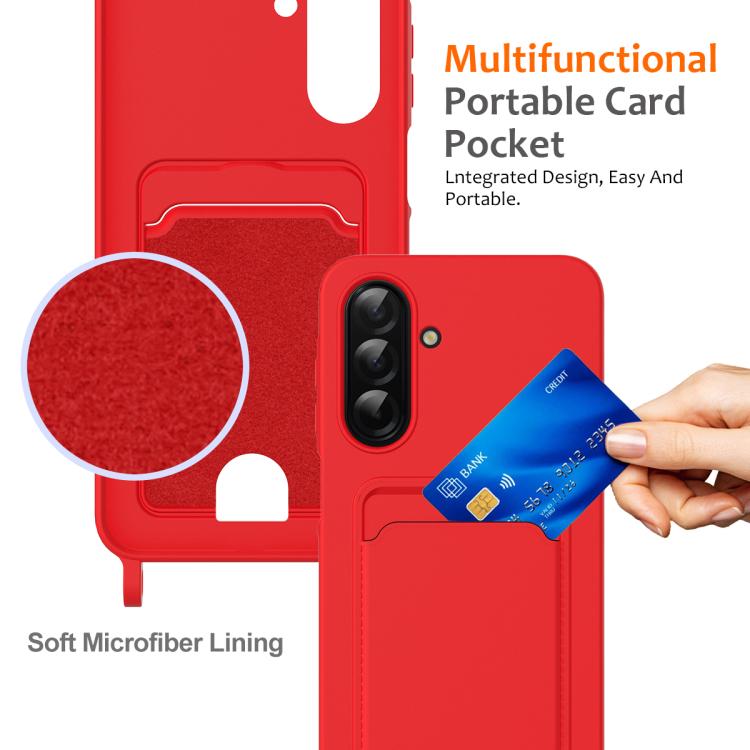 Custodia per telefono in silicone liquido tinta unita con cordino e borsa per carte integrata, For Samsung Galaxy A26 5G, For Samsung Galaxy A16 5G / 4G, For Samsung Galaxy A06 4G, For Samsung Galaxy A54 5G