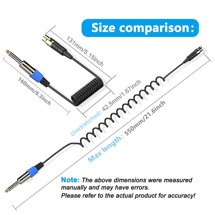 Cavo adattatore a spirale per microfono stereo AUX audio, lunghezza: 0,5 m, Mini 3 Pin XLR to 6.35mm, Mini 4 Pin XLR to 6.35mm