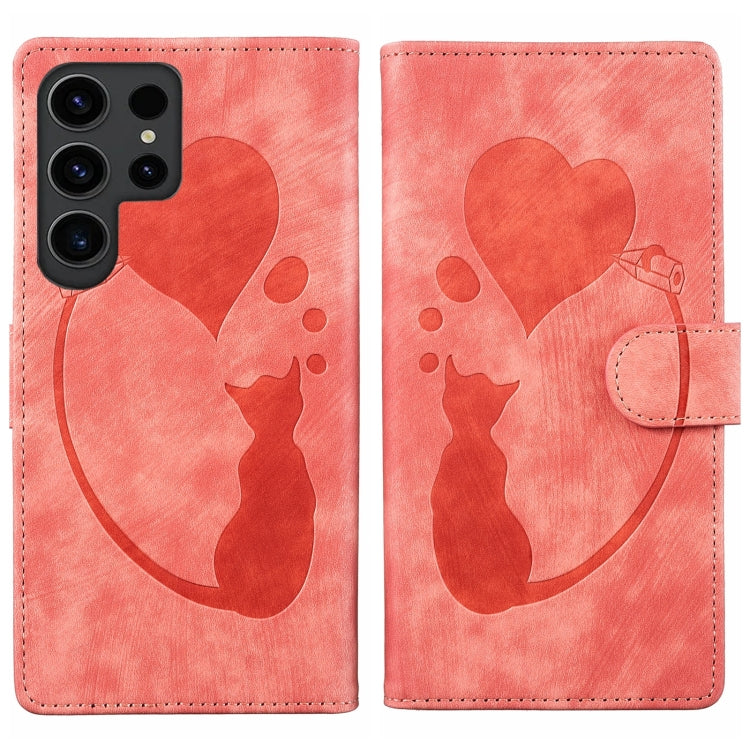 Custodia per telefono in pelle goffrata con motivo a cuore e gatto, For Samsung Galaxy S25 FE 5G, For Samsung Galaxy S25 5G, For Samsung Galaxy S25+ 5G, For Samsung Galaxy S25 Ultra 5G