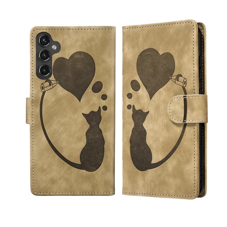 Custodia per telefono in pelle goffrata con motivo a cuore e gatto, For Samsung Galaxy S25 FE 5G, For Samsung Galaxy S25 5G, For Samsung Galaxy S25+ 5G, For Samsung Galaxy S25 Ultra 5G