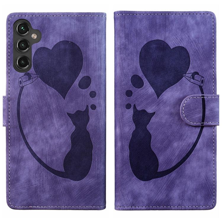 Custodia per telefono in pelle goffrata con motivo a cuore e gatto, For Galaxy S26 FE 5G, For Samsung Galaxy S26+ 5G, For Samsung Galaxy S26 Ultra 5G, For Samsung Galaxy S26 5G