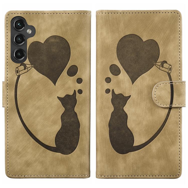 Custodia per telefono in pelle goffrata con motivo a cuore e gatto, For Galaxy S26 FE 5G, For Samsung Galaxy S26+ 5G, For Samsung Galaxy S26 Ultra 5G, For Samsung Galaxy S26 5G