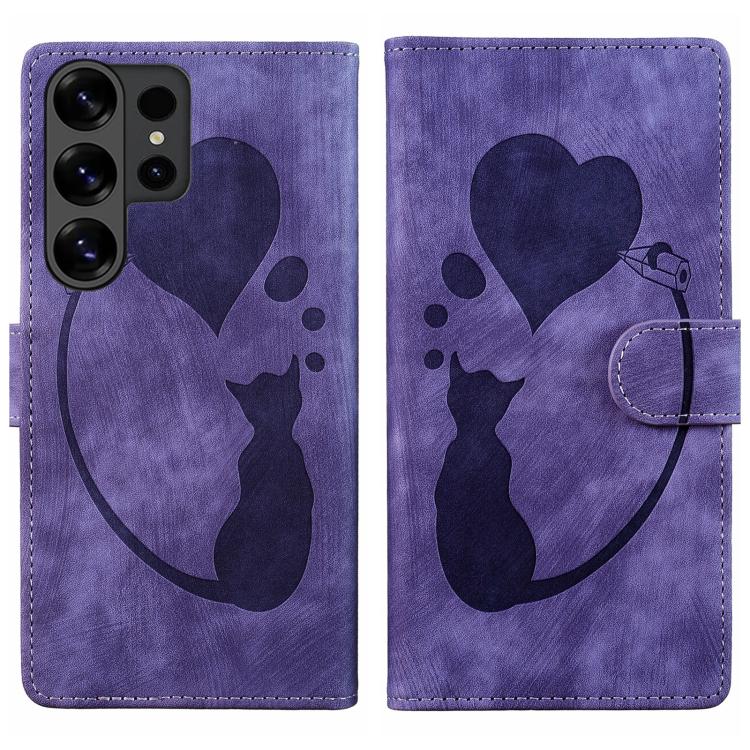 Custodia per telefono in pelle goffrata con motivo a cuore e gatto, For Galaxy S26 FE 5G, For Samsung Galaxy S26+ 5G, For Samsung Galaxy S26 Ultra 5G, For Samsung Galaxy S26 5G