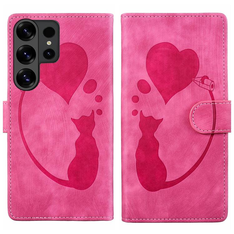 Custodia per telefono in pelle goffrata con motivo a cuore e gatto, For Galaxy S26 FE 5G, For Samsung Galaxy S26+ 5G, For Samsung Galaxy S26 Ultra 5G, For Samsung Galaxy S26 5G