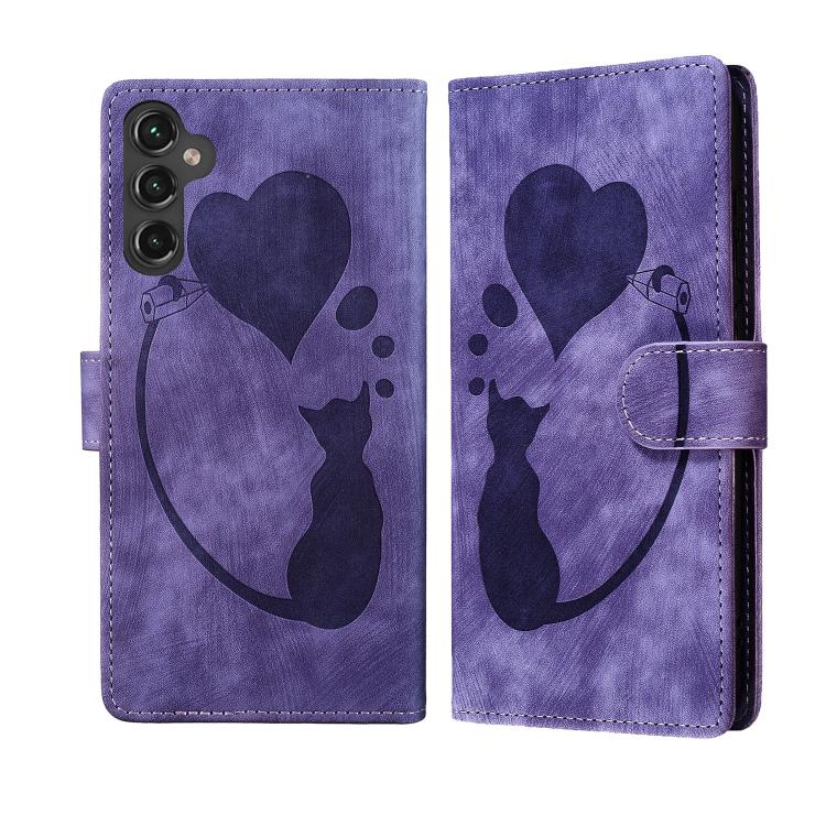 Custodia per telefono in pelle goffrata con motivo a cuore e gatto, For Galaxy S26 FE 5G, For Samsung Galaxy S26+ 5G, For Samsung Galaxy S26 Ultra 5G, For Samsung Galaxy S26 5G