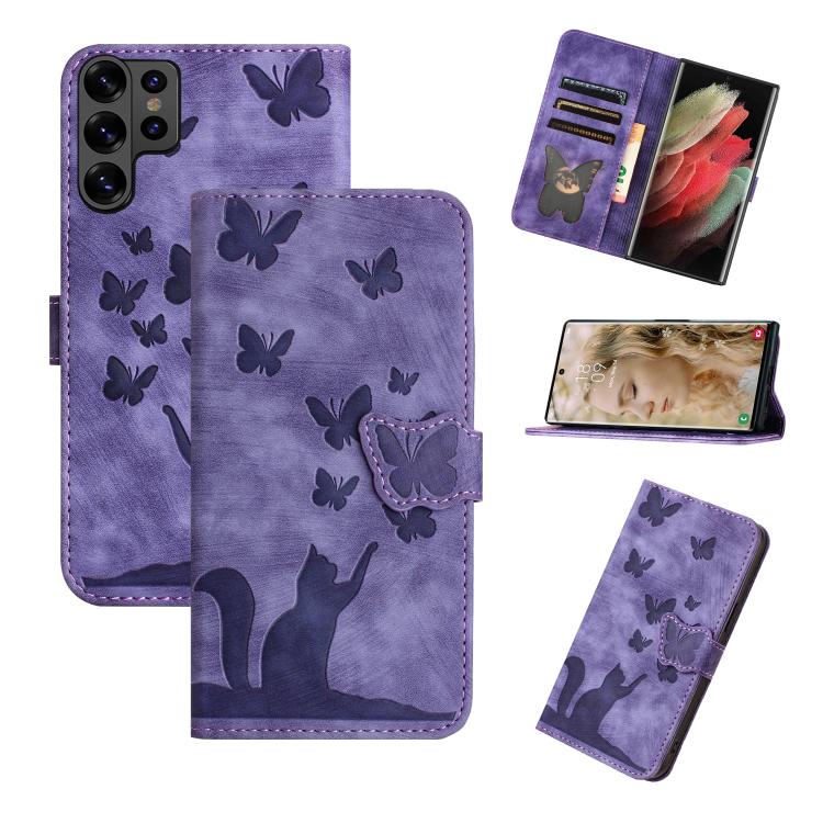 Custodia per telefono in pelle con stampa a farfalla e gatto, For Galaxy S26 FE 5G, For Samsung Galaxy S26+ 5G, For Samsung Galaxy S26 Edge 5G, For Samsung Galaxy S26 Ultra 5G