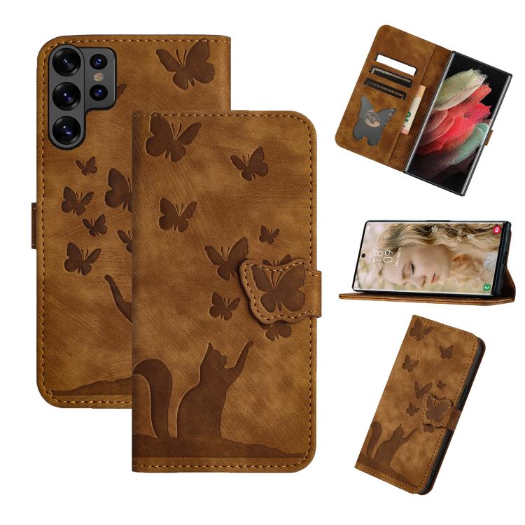 Custodia per telefono in pelle con stampa a farfalla e gatto, For Galaxy S26 FE 5G, For Samsung Galaxy S26+ 5G, For Samsung Galaxy S26 Edge 5G, For Samsung Galaxy S26 Ultra 5G