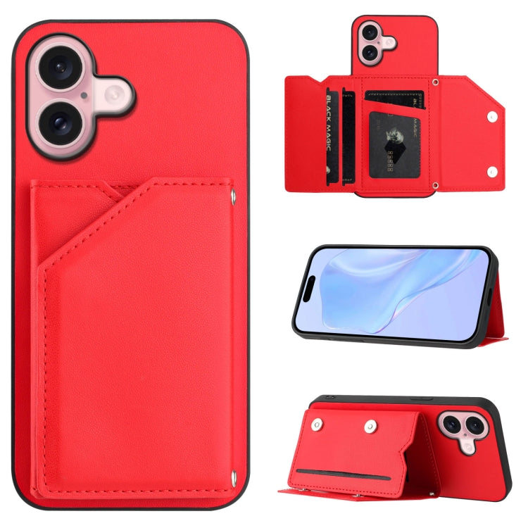 Custodia per telefono con quattro slot per carte Skin Feel e cinturino da polso, For iPhone 16 Pro Max, For iPhone 16 Pro, For iPhone 16 Plus, For iPhone 16