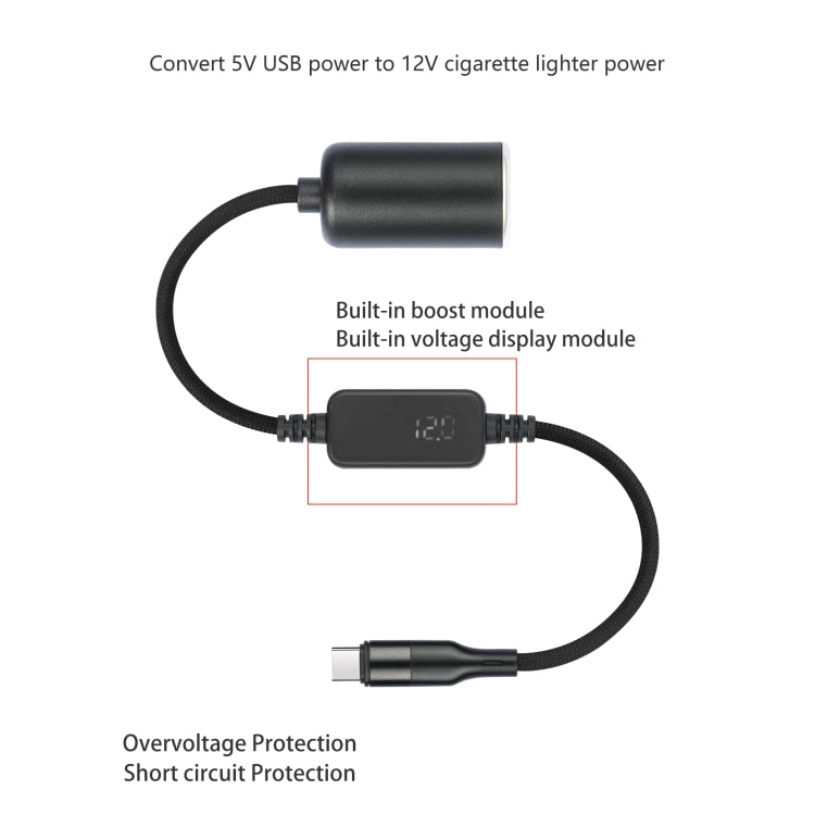 Cavo di alimentazione per presa accendisigari da auto tipo C da 5 V a 12 V con display di tensione, 0.3m, 1m
