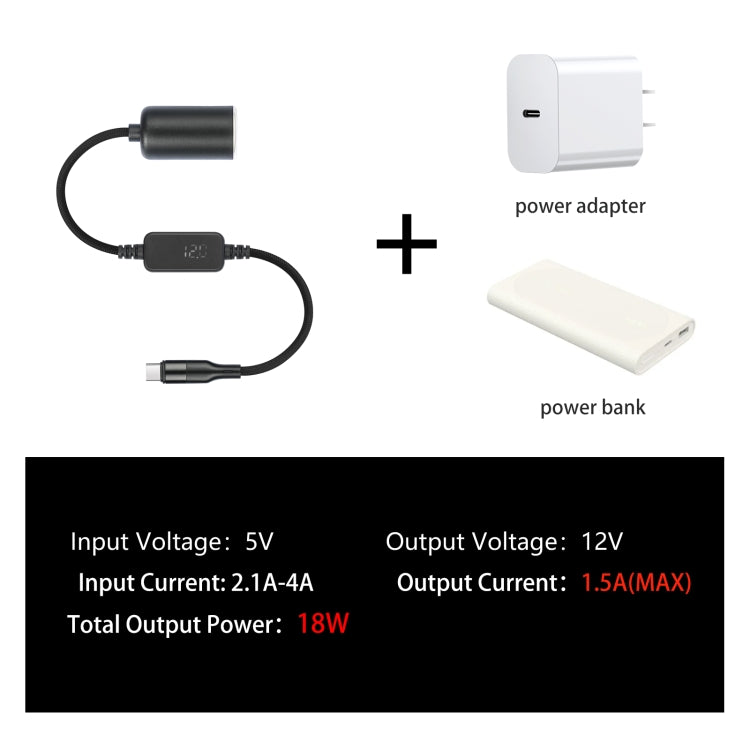 Cavo di alimentazione per presa accendisigari da auto tipo C da 5 V a 12 V con display di tensione, 0.3m, 1m