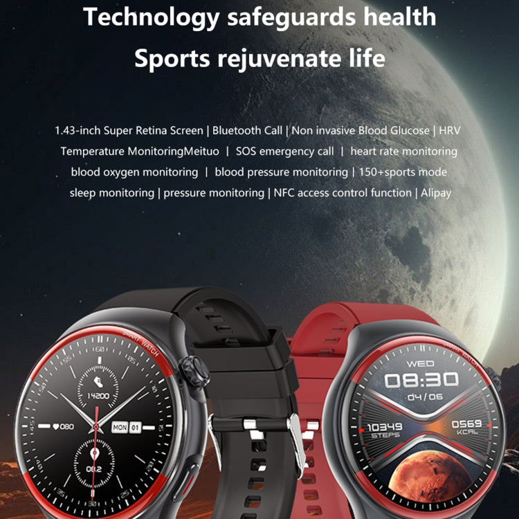 T82 1.43 pollici schermo rotondo BT Call Smart Watch, frequenza cardiaca / pressione sanguigna / ossigeno nel sangue / sonno / zucchero nel sangue / HRV / Metope / SOS, Silicone Black, Silicone Red, Silicone Blue, Leather Brown, Leather Black          ...