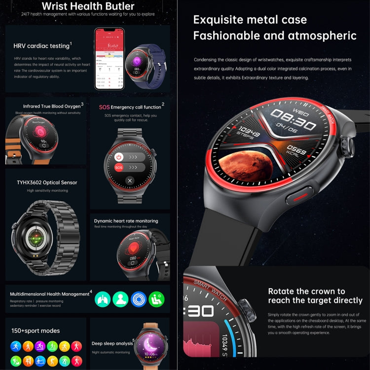 T82 1.43 pollici schermo rotondo BT Call Smart Watch, frequenza cardiaca / pressione sanguigna / ossigeno nel sangue / sonno / zucchero nel sangue / HRV / Metope / SOS, Silicone Black, Silicone Red, Silicone Blue, Leather Brown, Leather Black          ...