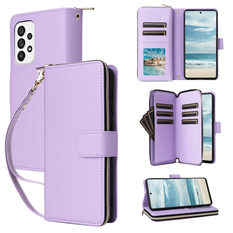 Portafoglio con cerniera e nove slot per carte, custodia in pelle per telefono, For Galaxy A73 5G, For Galaxy A33 5G, For Galaxy A13 5G / 4G
