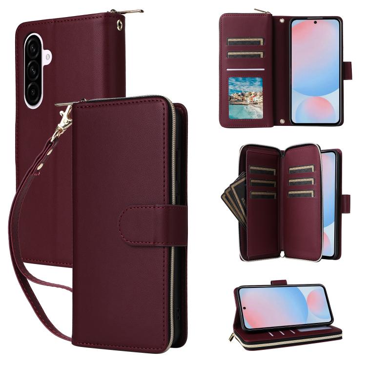 Portafoglio con cerniera e nove slot per carte, custodia in pelle per telefono, For Galaxy A08 / A06 / A07, For Galaxy A57 5G, For Galaxy A37 5G