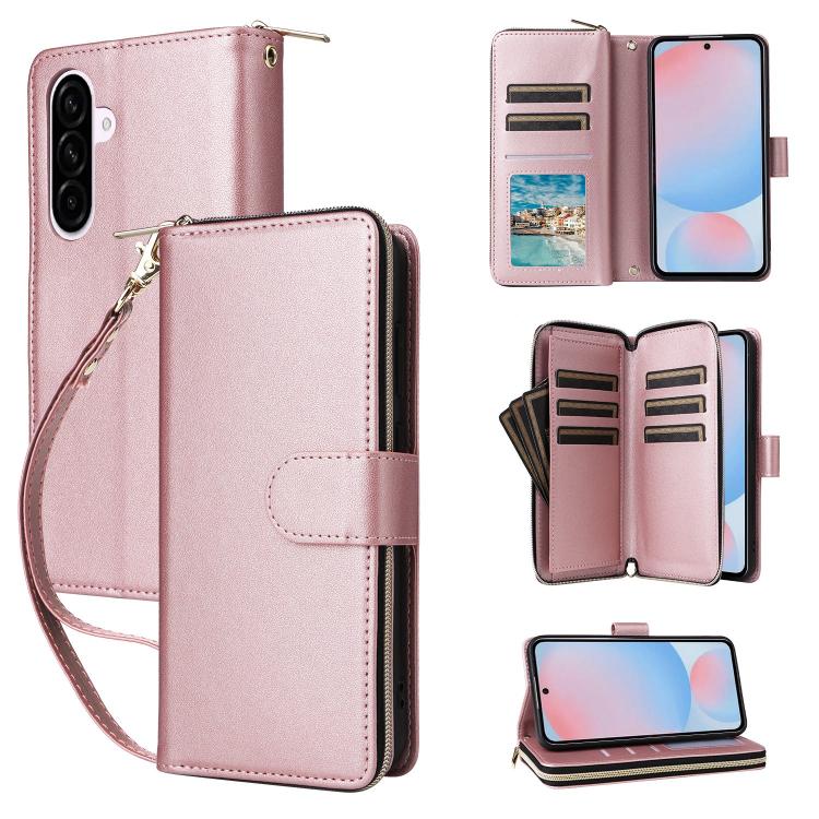 Portafoglio con cerniera e nove slot per carte, custodia in pelle per telefono, For Galaxy A08 / A06 / A07, For Galaxy A57 5G, For Galaxy A37 5G