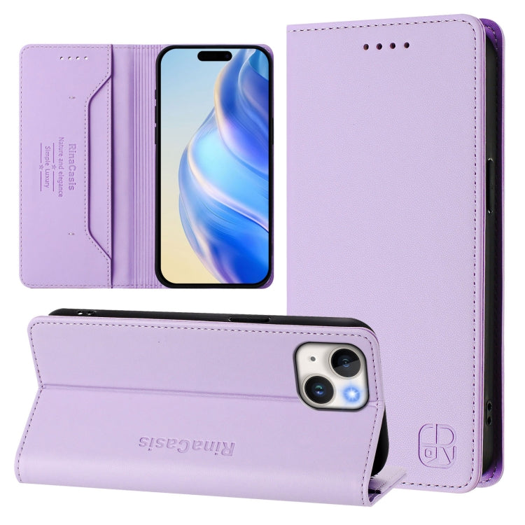 RC01 Custodia per telefono in pelle RFID con ventosa magnetica a doppia piega, For iPhone 15, For iPhone 14 Plus, For iPhone 14 / 13