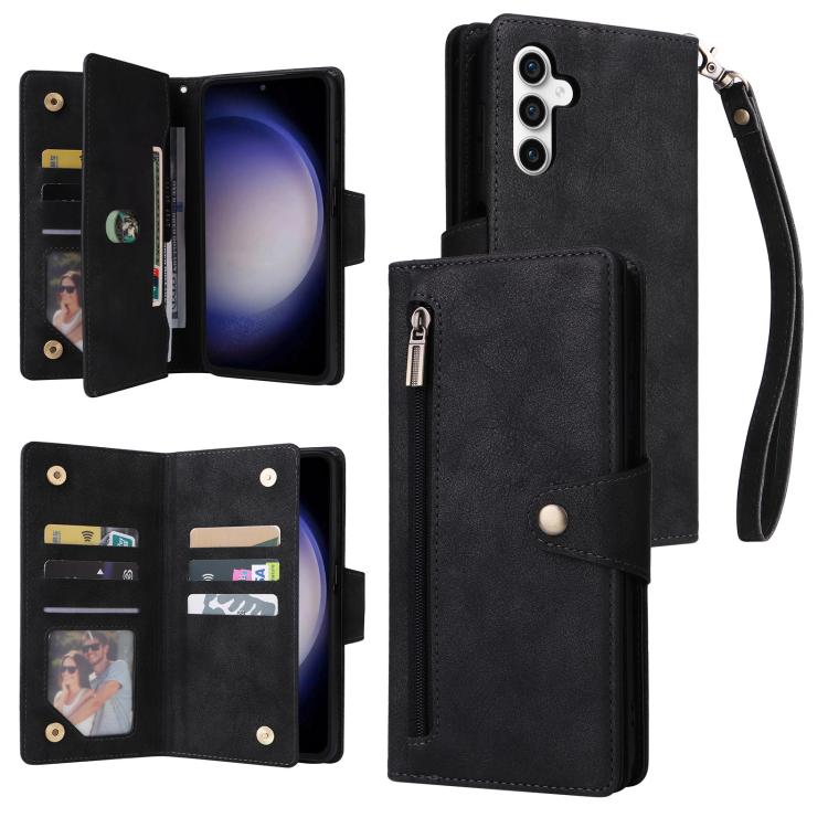 Custodia per telefono in pelle a tre pieghe con fibbia a rivetto e 9 carte, For Samsung Galaxy S26+ 5G, For Samsung Galaxy S26 Ultra 5G, For Samsung Galaxy S26 5G, For Samsung Galaxy S25 FE 5G