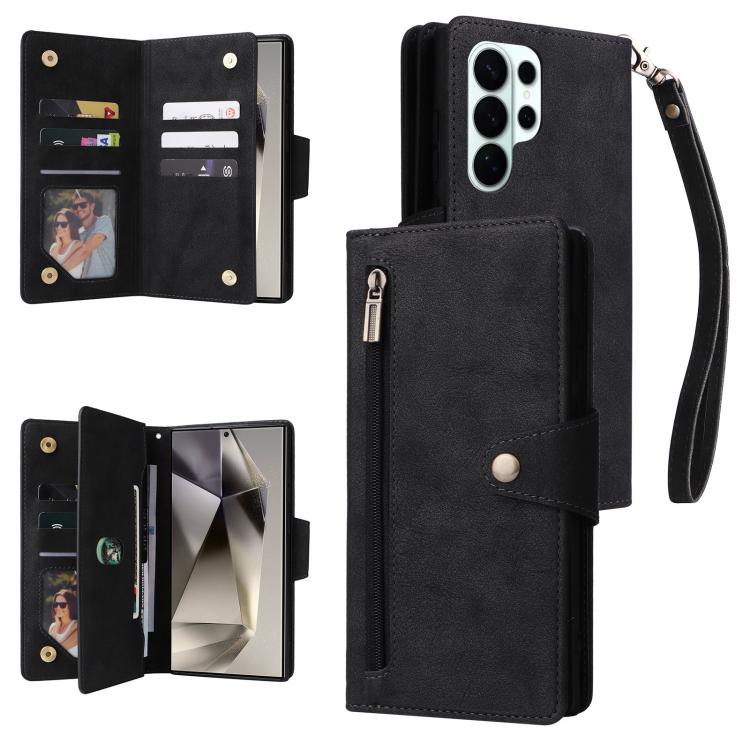 Custodia per telefono in pelle a tre pieghe con fibbia a rivetto e 9 carte, For Samsung Galaxy S26+ 5G, For Samsung Galaxy S26 Ultra 5G, For Samsung Galaxy S26 5G, For Samsung Galaxy S25 FE 5G