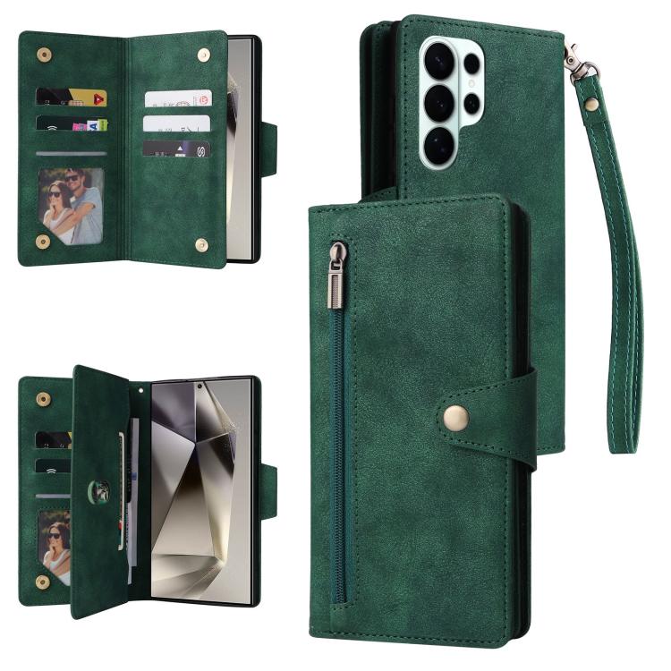 Custodia per telefono in pelle a tre pieghe con fibbia a rivetto e 9 carte, For Samsung Galaxy S26+ 5G, For Samsung Galaxy S26 Ultra 5G, For Samsung Galaxy S26 5G, For Samsung Galaxy S25 FE 5G