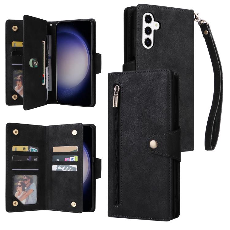 Custodia per telefono in pelle a tre pieghe con fibbia a rivetto e 9 carte, For Samsung Galaxy S26+ 5G, For Samsung Galaxy S26 Ultra 5G, For Samsung Galaxy S26 5G, For Samsung Galaxy S25 FE 5G