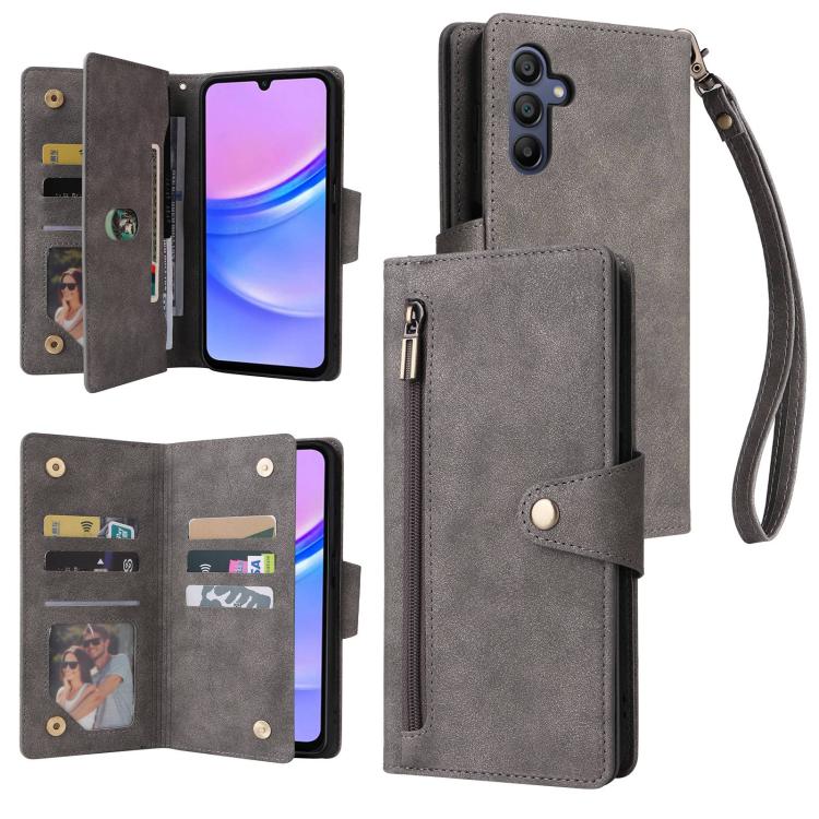 Custodia per telefono in pelle a tre pieghe con fibbia a rivetto e 9 carte, For Galaxy A08 / A07 4G / 5G, For Galaxy A18 / A17 4G / 5G, For Galaxy A57 5G, For Galaxy A37 5G