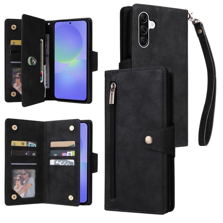 Custodia per telefono in pelle a tre pieghe con fibbia a rivetto e 9 carte, For Galaxy A08 / A07 4G / 5G, For Galaxy A18 / A17 4G / 5G, For Galaxy A57 5G, For Galaxy A37 5G