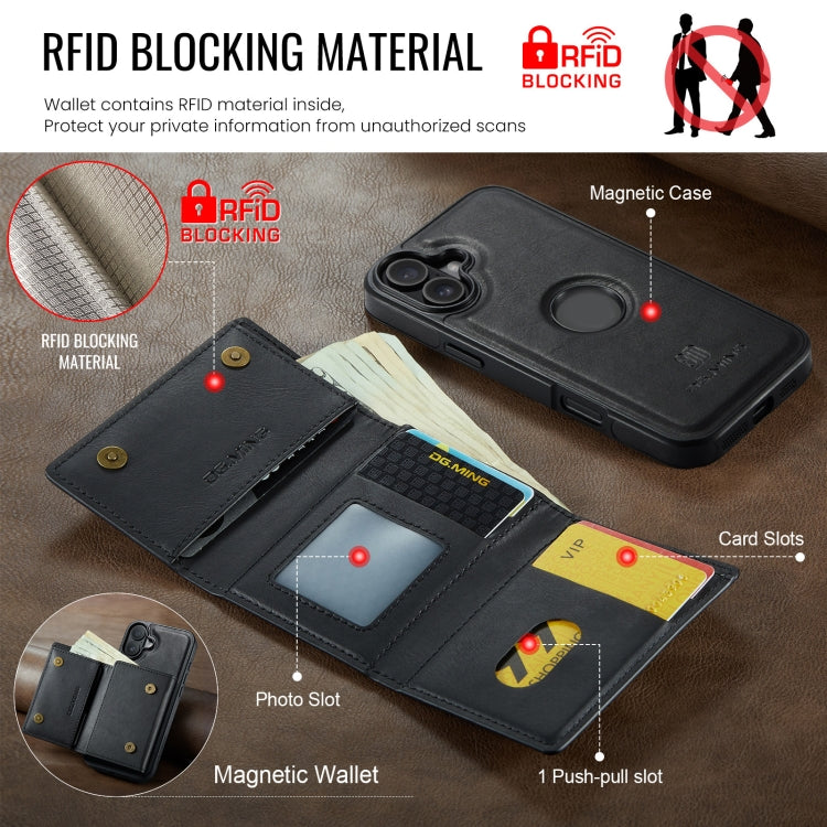 DG.MING M6 Series RFID Tri-fold Card Bag Custodia per telefono in pelle rimovibile, For iPhone 16, For iPhone 15 Pro Max, For iPhone 15 Pro, For iPhone 15 Plus