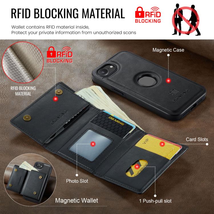 DG.MING M6 Series RFID Tri-fold Card Bag Custodia per telefono in pelle rimovibile, For iPhone 17e / 16e, For iPhone 17 Pro Max, For iPhone 17 Pro, For iPhone 17