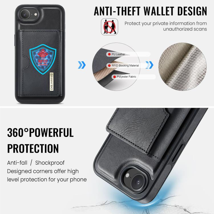 DG.MING M6 Series RFID Tri-fold Card Bag Custodia per telefono in pelle rimovibile, For iPhone 17e / 16e, For iPhone 17 Pro Max, For iPhone 17 Pro, For iPhone 17