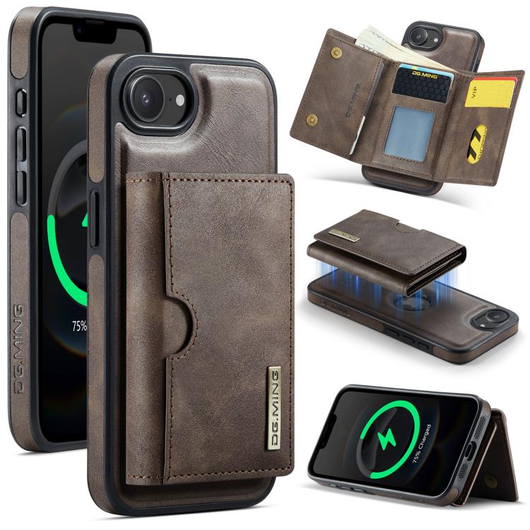 DG.MING M6 Series RFID Tri-fold Card Bag Custodia per telefono in pelle rimovibile, For iPhone 17e / 16e, For iPhone 17 Pro Max, For iPhone 17 Pro, For iPhone 17