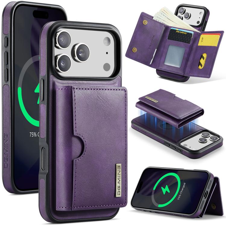 DG.MING M6 Series RFID Tri-fold Card Bag Custodia per telefono in pelle rimovibile, For iPhone 17e / 16e, For iPhone 17 Pro Max, For iPhone 17 Pro, For iPhone 17